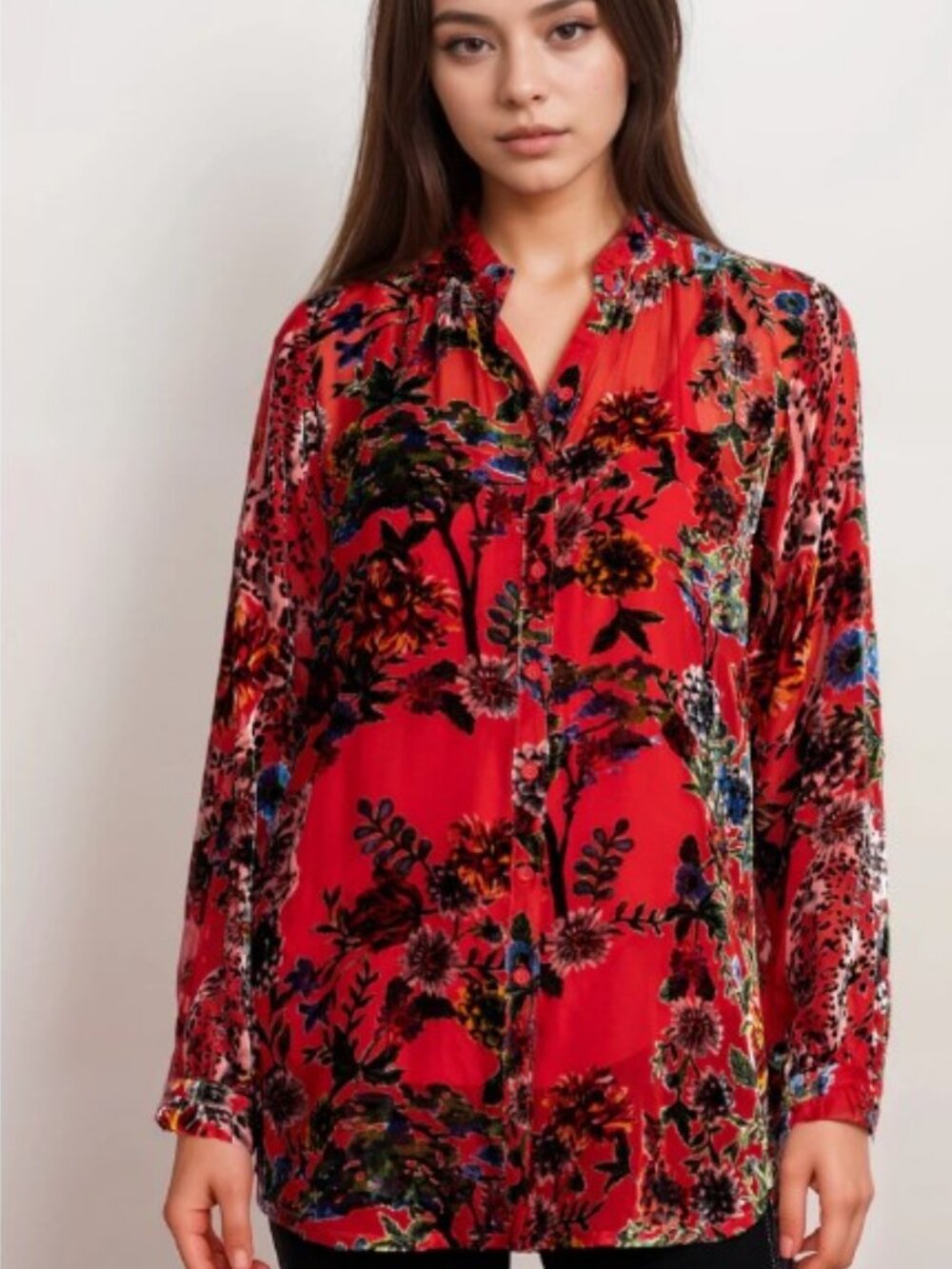 JOHNNY WAS Silk Blend Yoella Burnout Button Down Tunic Red Size XS $328 NWT